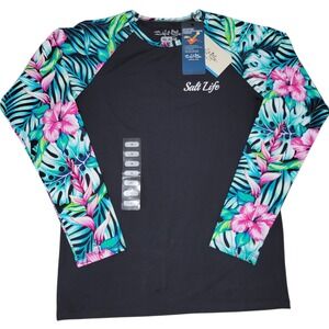 Salt Life Rash Guard Girl Youth Medium Black Tropical Long Sleeve Swim Shirt NEW